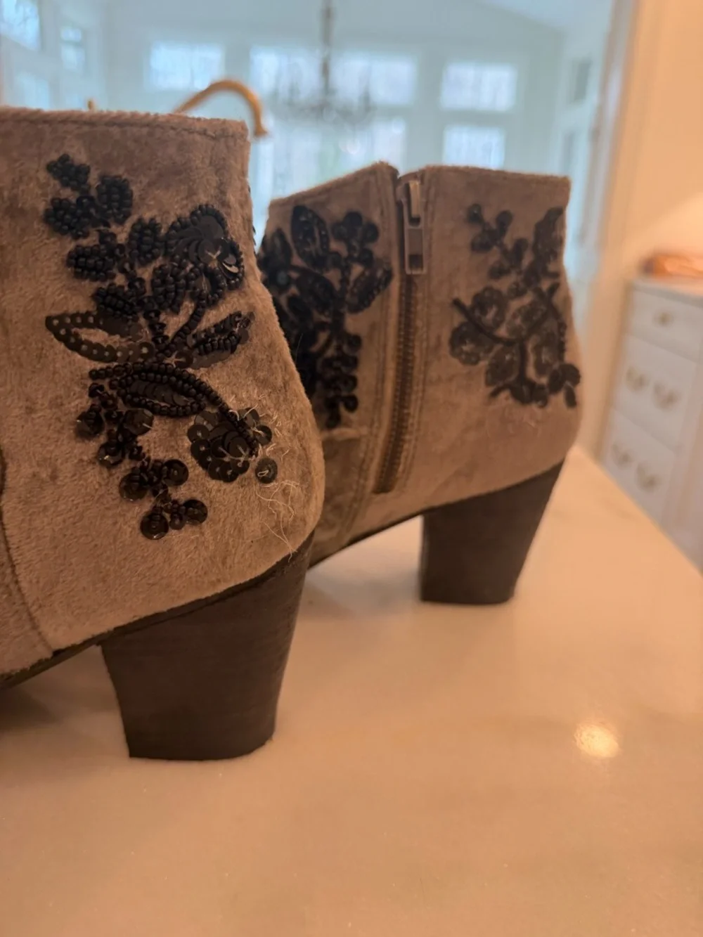 Free People Gray Velvet Ankle Booties with Black Embroidery